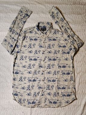 Flying Machine Desert Scene Button-Down Shirt in Cream and Navy